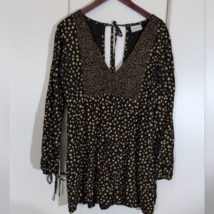 Rue Stiic Black & Gold Polka Dot Mink Elasticized Bodice Dress Size L
